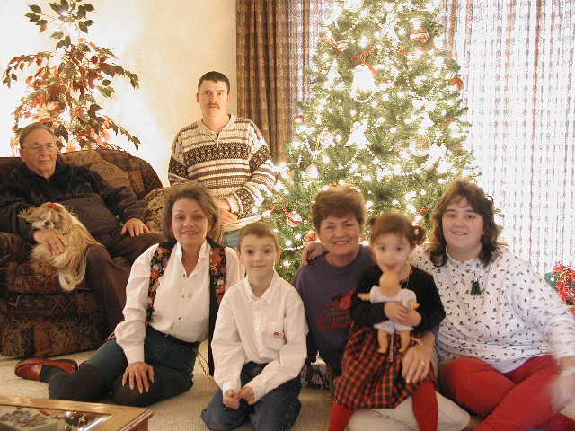 Venus, Jeff, JJ, Baylee, Helene, Rex and Sue at Helene's for Christmas 2001